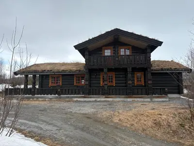 a log cabin with a thatch roof at Lomtjern in Beitostøl