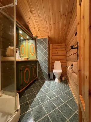 a wooden bathroom with a toilet and a shower at Lomtjern in Beitostøl
