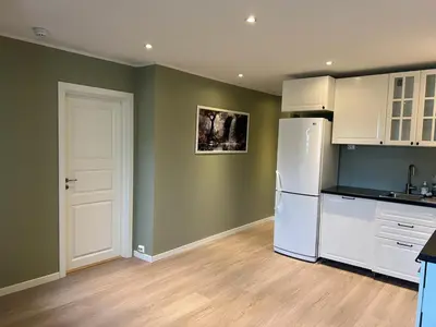 a kitchen with a white refrigerator and green walls at Mai Tran in Gjøvik