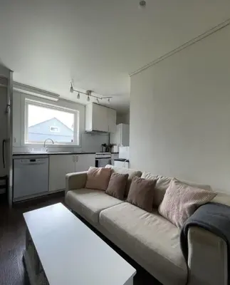 a living room with a couch and a table at Alfred Apartment in Trondheim in Trondheim