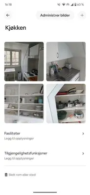 a collage of four pictures of a kitchen at Trondheim Center in Trondheim