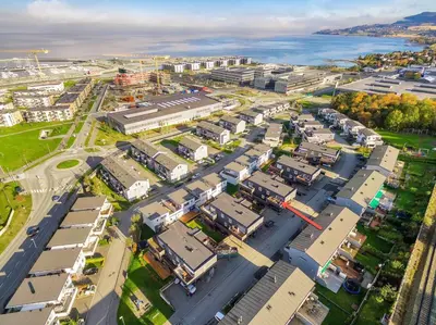 an aerial view of a city with buildings at Nice apartment with sea view in Trondheim