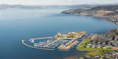 an aerial view of a marina in a body of water at Nice apartment with sea view in Trondheim