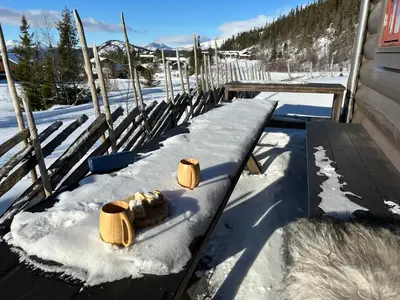 a snow covered wooden ramp with two cups on it at Sleepover in the mountains in Hjartdal