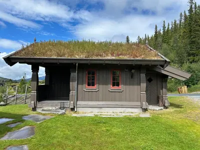 a small house with a grass roof with red windows at Sleepover in the mountains in Hjartdal