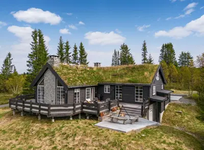 a large black house with a grass roof at No71 Golsfjellet in Golsfjellet