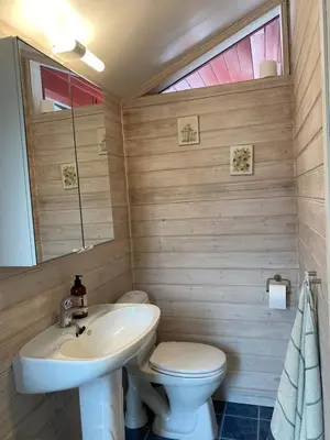 a bathroom with a sink and a toilet at Bjørnafjorden