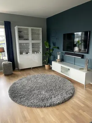 a living room with a rug and a flat screen tv at Casa Oyen in Ålesund