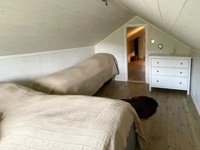 a bedroom with two beds and a dog laying on the floor at Cabin With Panoramic Views In Hafjell in Øyer