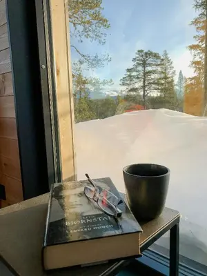 a book and glasses on a table next to a window at Modern Cabin With Views Of Trysil Mountain in Trysil