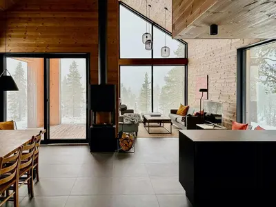 a living room with a couch and a fireplace at Modern Cabin With Views Of Trysil Mountain in Trysil