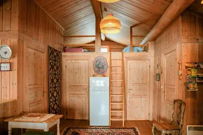 a refrigerator in a room with wooden walls at Traditional Log Cabin At Reineskarvet in Ål