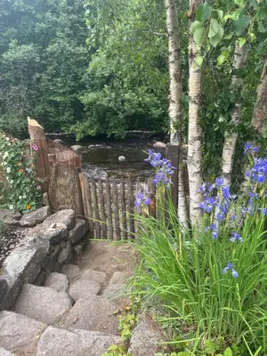 a garden with blue flowers and a fence at Idyllic house in Hurdal 2 bedroom in Hurdal