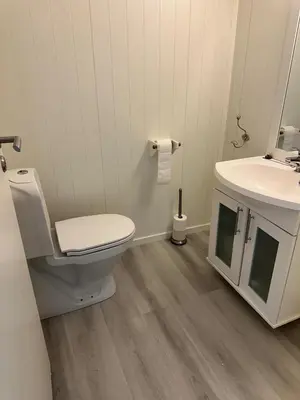 a white bathroom with a toilet and a sink at Sula in Frøya