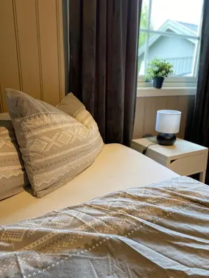 a bed with a pillow and a window with a plant at Cozy house with free parking on the premises in Ringebu
