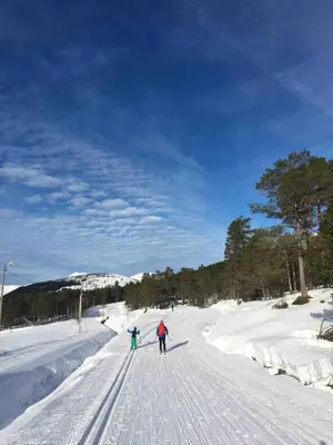 two people cross country skiing in the snow at Great cabin in beautiful nature in Ørsta