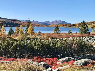 a view of a lake with mountains in the background at Flaksjøen in Venabygd