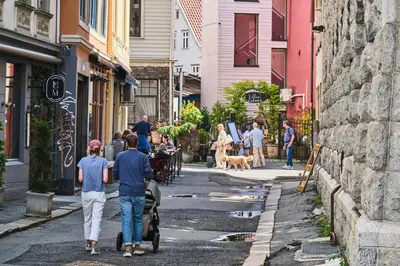 a group of people walking down a street at HD Central Topfloor in Bergen