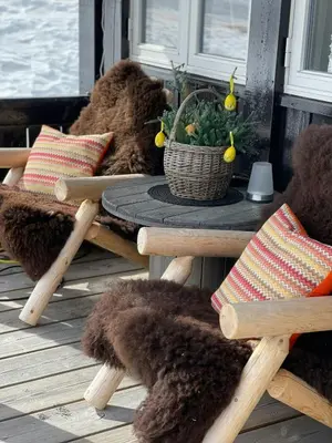 a table and chairs on a porch with a table and a plant at Log Cabin At The Foot Of Hallingskarvet in Hovet