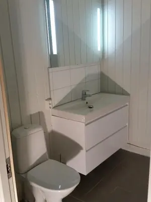 a bathroom with a toilet and a sink and a mirror at Sentrumsvegen 28, GOL in Gol