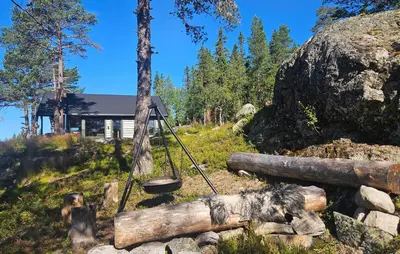 a swing in front of a cabin in a forest at 5 Bedroom Stunning Home In Eggedal in Eggedal