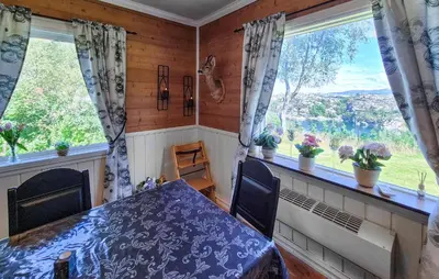 a dining room with a table and two windows at Amazing Home In Rubbestadneset With Wifi in Rubbestadneset