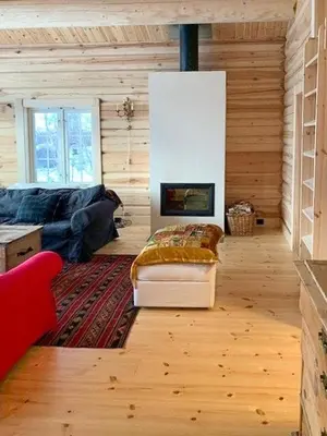 a living room with a couch and a fireplace at Log Cabin With Panoramic Views Of Hallingskarvet in Holo