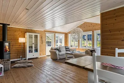 a living room with a wooden ceiling and a fireplace at Solsiden 16B by Vacation Trysil in Trysil