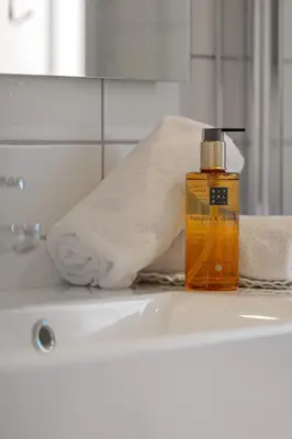 a bottle of soap sitting on top of a bathroom sink at Solsiden 16B by Vacation Trysil in Trysil