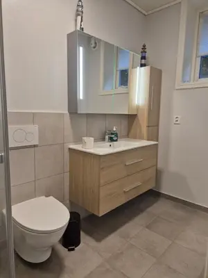 a bathroom with a toilet and a sink at Gemütliche Ferienwohnung am Fjord
