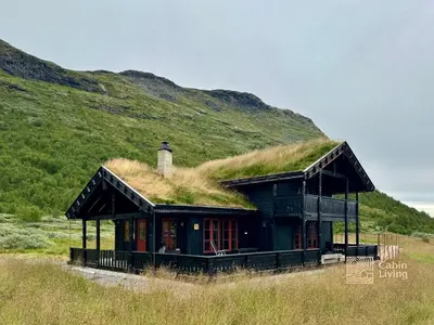 a house with a grass roof on top of it at Modern cabin sauna, BBQ & beautiful view Filefjell in Tyinkrysset