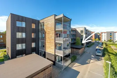 an overhead view of a building with a balcony at Modern apartment in Trondheim