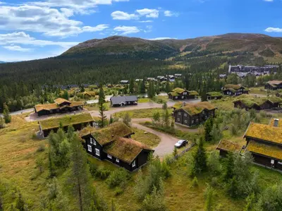 an aerial view of a village with grass roofs at Trysilfjell 811 by Vacation Trysil in Trysil