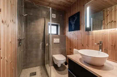 a bathroom with a shower and a toilet and a sink at Moderne leilighet i Vestlia-Ski in ski out in Geilo