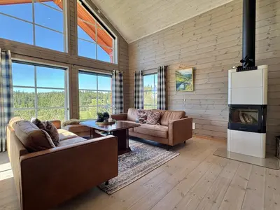 a living room with two couches and a fireplace at Bjørnebo, Family cabin in Torpo