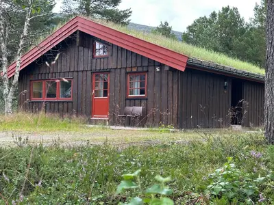 a house with a grass roof with a red door at Bjorliheimen Fjellhotell-Hytte 4 og 16 in Bjorli