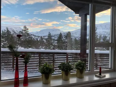 a window with potted plants and a snowy mountain view at 12 person holiday home in Skare-By Traum in Skare