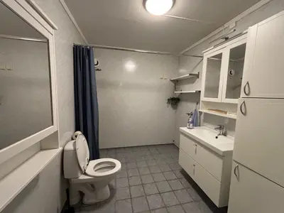 a bathroom with a toilet and a sink at Solsiden apartment in Sogndal