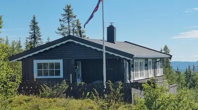 a black house with a flag on top of it at Family Cabin With Firepit At Søndre Fjellstølen in Reinli