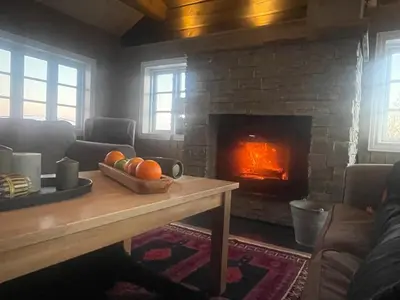 a living room with a fireplace and a table with fruit at Great cabin with gorgeous mountain views in Dagali