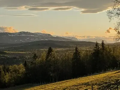 a view of a field with mountains in the background at Mountain Cabin With Panoramic Views In Brakastølen in Ron
