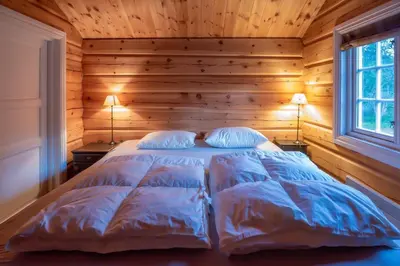 a bed in a wooden room with two pillows at Trysilfjellet Nord 901 in Trysil