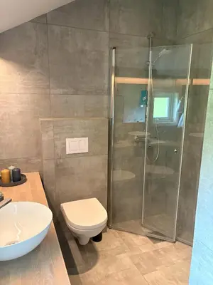 a bathroom with a shower and a toilet and a sink at Cosy cabin in Hemsedal with ski in-ski out to Solheisen in Hemsedal