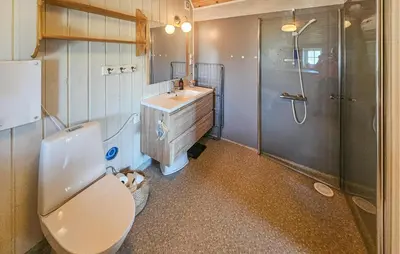 a bathroom with a toilet and a shower and a sink at 3 Bedroom Lovely Home In Dagali in Dagali