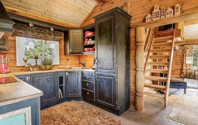 a kitchen with wooden walls and a wooden ceiling at Awesome Home In Flesberg With Sauna in Flesberg