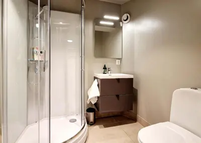 a bathroom with a shower and a toilet and a sink at Historic townhouse - 2 baths 3 floors 100 percent charm in Bergen