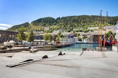 a view of a city with a harbor and a river at Historic townhouse - 2 baths 3 floors 100 percent charm in Bergen