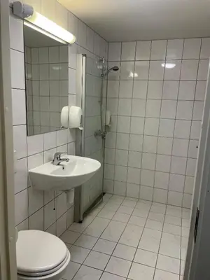 a bathroom with a toilet and a sink and a shower at Sentral Og Moderne Leilighet Med Heis Og Garasje in Beitostøl