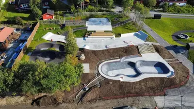 an overhead view of a park with a boat on the ground at Brand new house close 2 Skiresort in Hemsedal