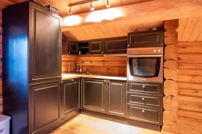 a kitchen with stainless steel appliances and wooden walls at Trysilfjellet Nord 901 stabur in Trysil